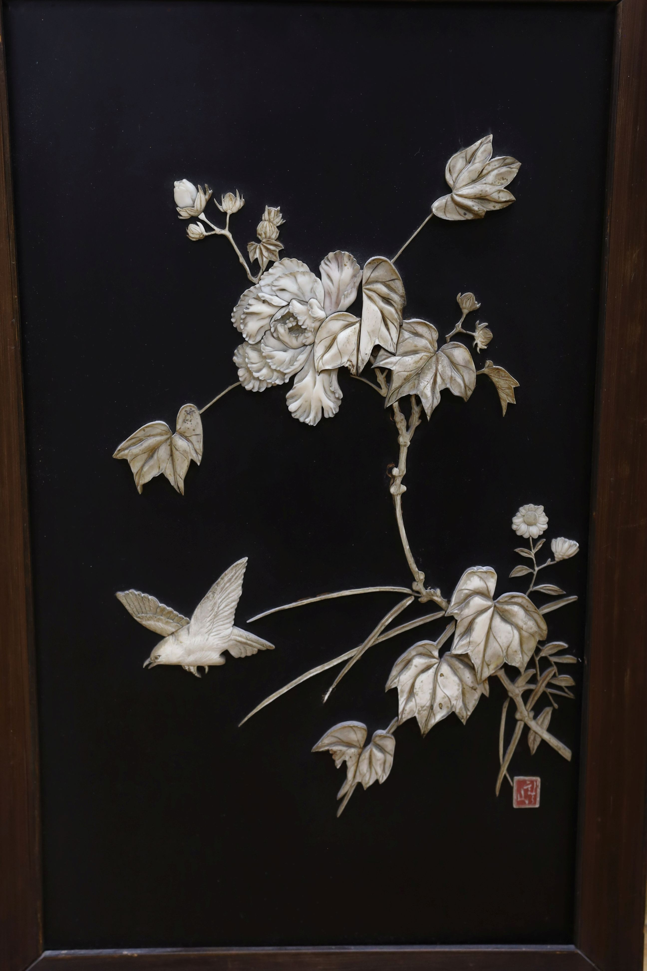 A pair of Japanese Meiji period ivory inlaid lacquered panels - 43.5 x 69cm